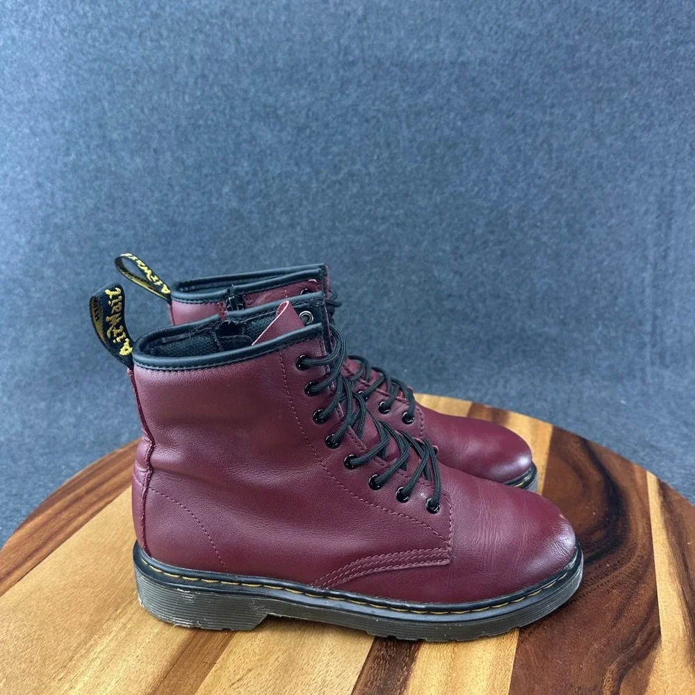 Dr Martens 1460 J Womens Burgundy Leather Lace Up Side Zip Combat Boots Size 5L